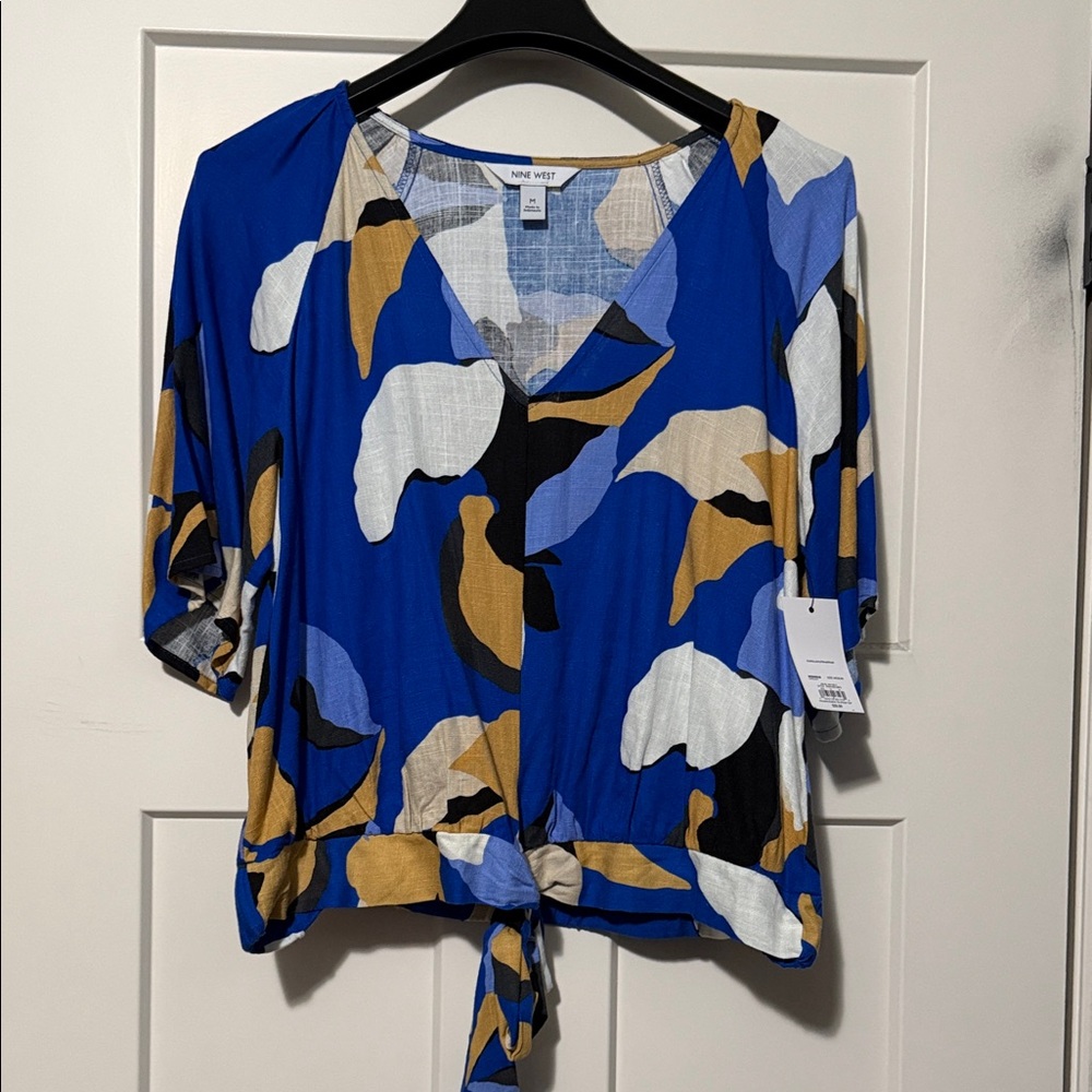 Nine West Blue and Gold Abstract Blouse